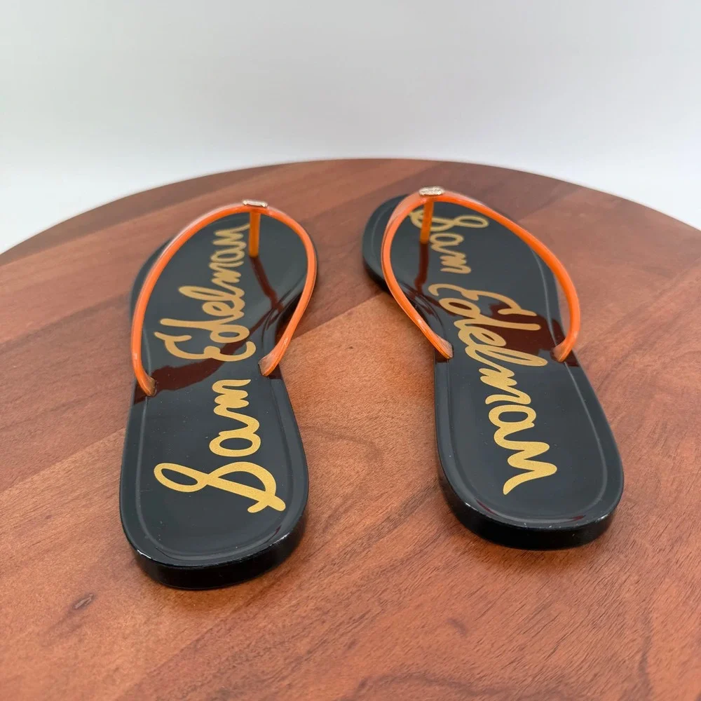 Sam Edelman Dean Jelly Thong Sandals  Black Orange/Red Clear Flip Flops Womens 8